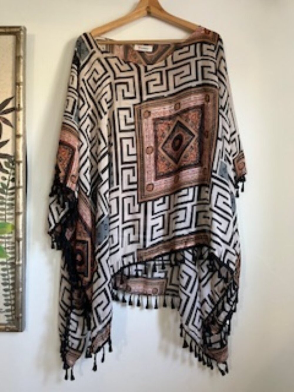 🧡3/15 Geometric Print Chiffon Ponch Shawl Fringe Tassel Trim OS